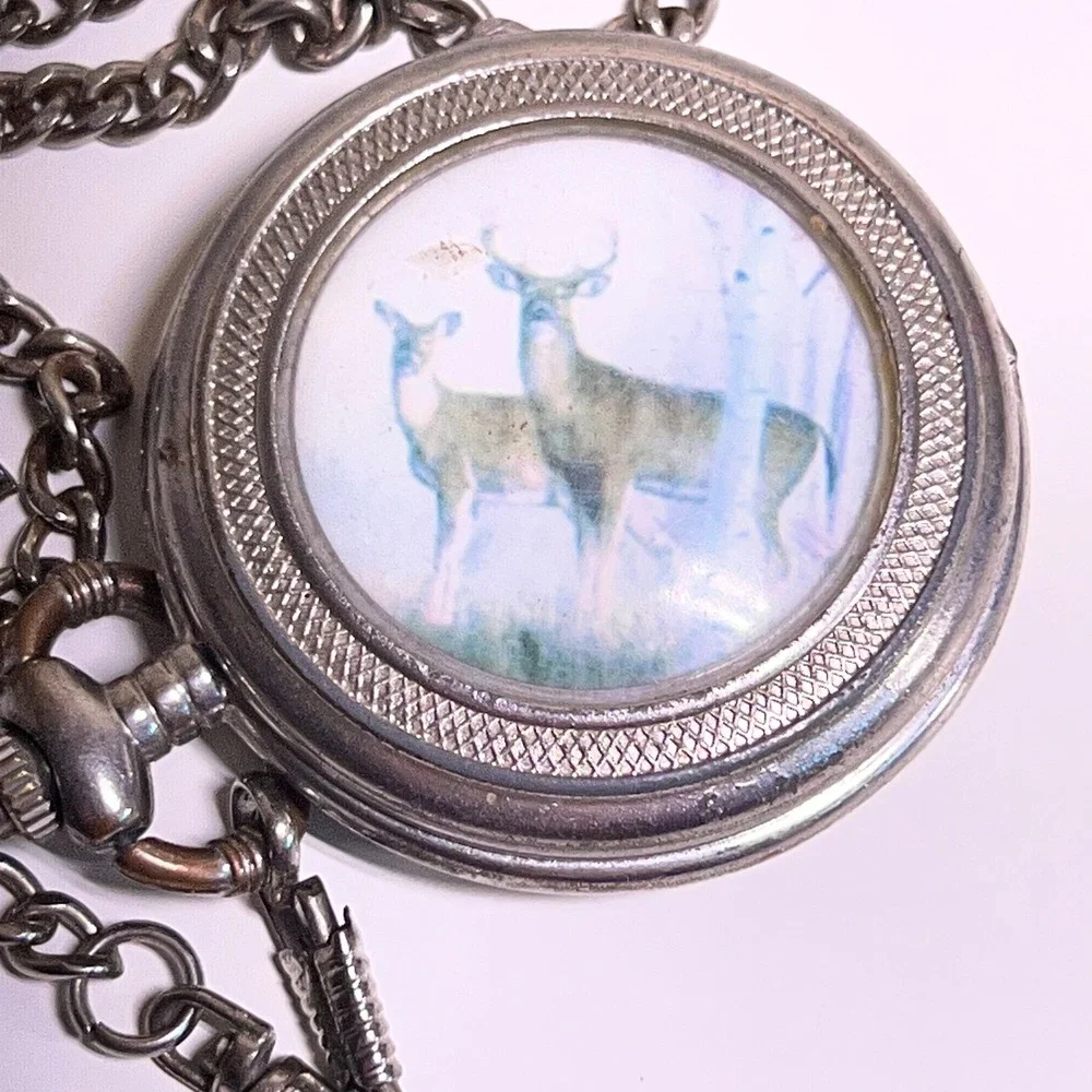 Vintage Deer Wildlife Pocket Watch Silver Tone 49mm Hunter Case Chain Untested